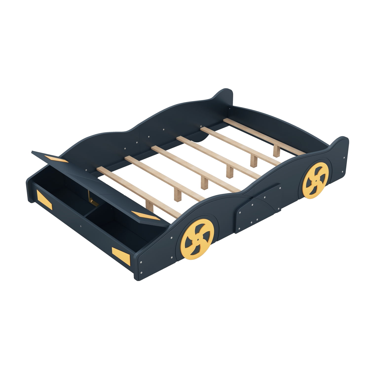 Harper & Bright Designs Full Size Race Car Bed Platform Bed for Kids, Wood Car-Shaped Kids Bed Frame with Storage and Wheels for Boys Girls, Dark Blue