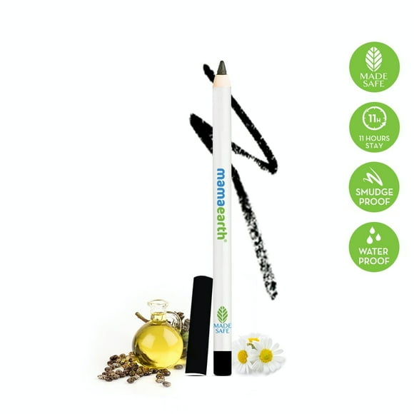 Mamaearth Charcoal Black Long Stay Kohl Pencil, Kajal Black Waterproof, With Castor Oil & Chamomile For 11-Hour Smudge-free Stay with Free Sharpener