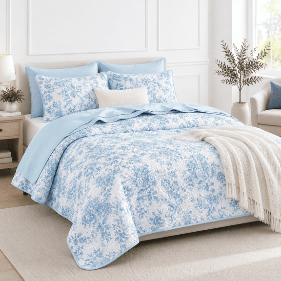 Blue White King Size Shabby Chic Farmhouse Floral Reversible Lightweight Quilt Set