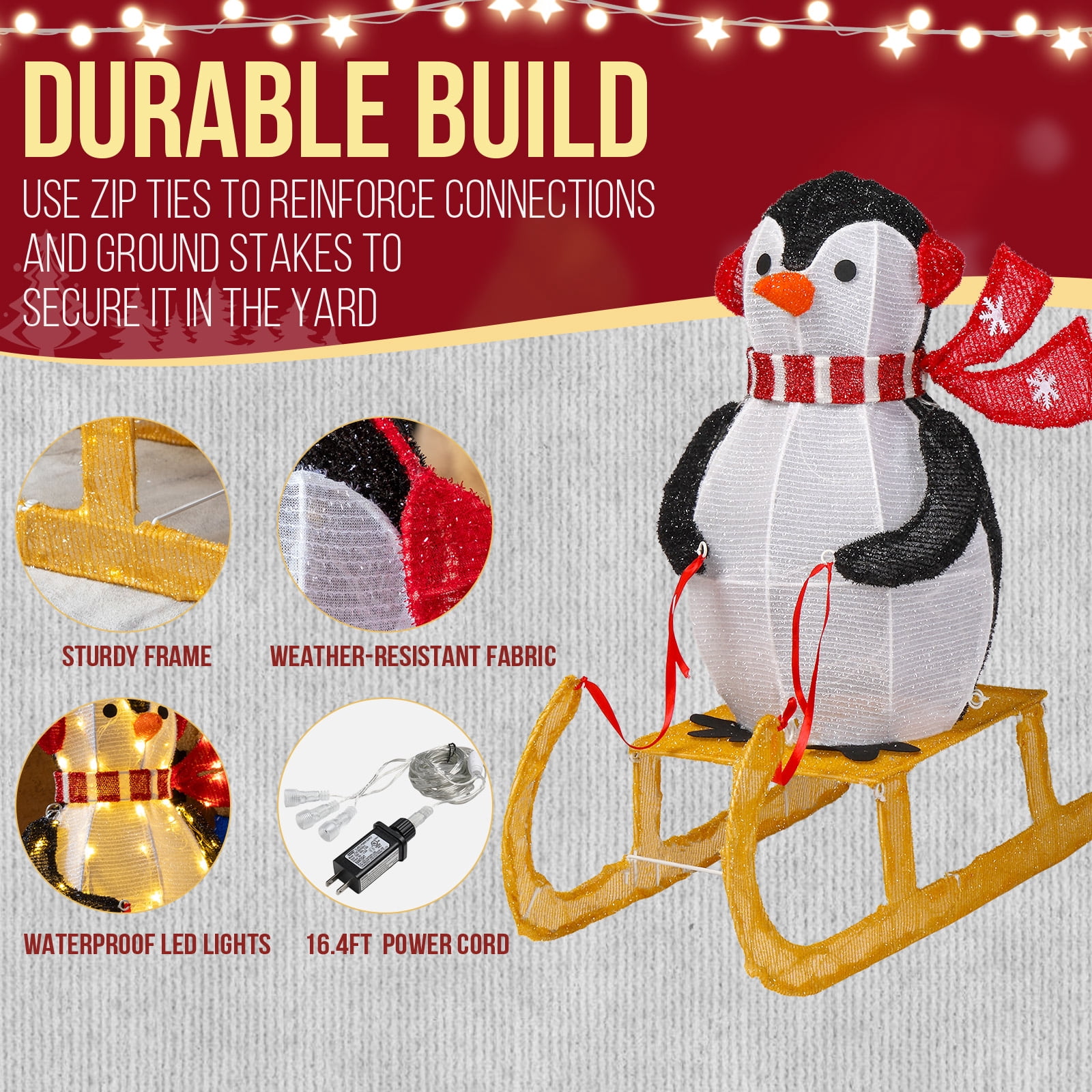 Astoutdoor Lighted Penguin Riding Sleigh Christmas Decoration, Pre-Lit with 130 Warm White LED Lights, Indoor Outdoor Holiday Display, White