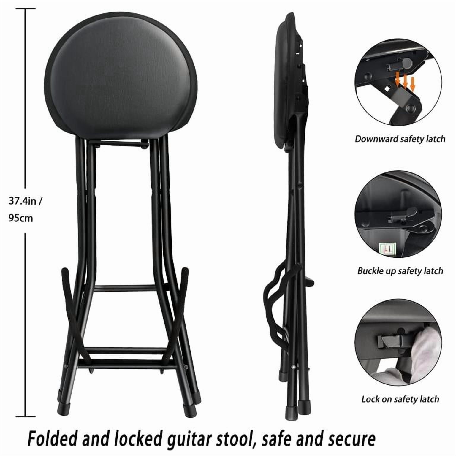 Dapmiu No Backrest Guitar Stool, Foldable with Built-in Stand, Retractable Hook, Faux Leather Padded Seat & Foot Rest, Heavy-Duty for Musicians