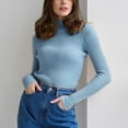 thumbnail image 6 of Women's Mock Turtleneck Long Sleeve Ribbed Knit Fitted Sweater, Soft Thermal Undershirt Tee Light Blue ONE SIZE, 6 of 9