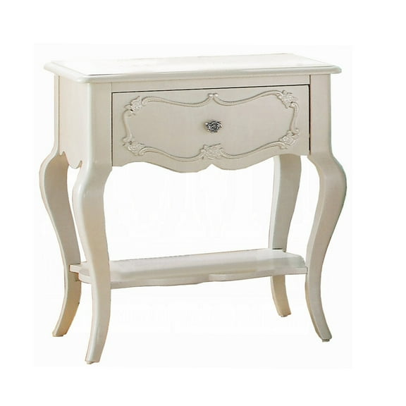 JERFIT Traditional Nightstand with Drawer, Antique White Wood Bedside Table with Bottom Shelf for Bedroom