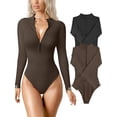 thumbnail image 1 of Women's 2 Piece Bodysuits Sexy Ribbed One Piece Zip Front Long Sleeve Tops Bodysuits, 1 of 6