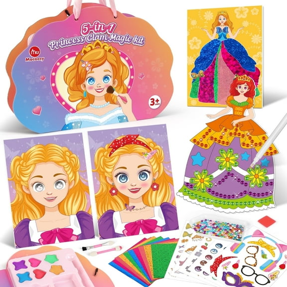 Mocoosy Art Craft Activity for Kids, 5-in-1 Princes Craft Kits - Paper Makeup DIY Girls Toy Kit with Diamond Painting & Princess Dress Up Set, Ideal Birthday Party Gift for Girls Ages 4 5 6 7 8 9  Ye