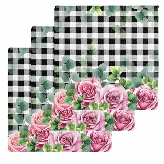 Spring Pink Roses Kitchen Dish Towels for Drying Dishes Set of 3, Pastoral Eucalyptus Black White Plaid Waffle Weave Microfiber Hand Tea Bathroom Towels Quick Dry & Absorbent Towel 12x12