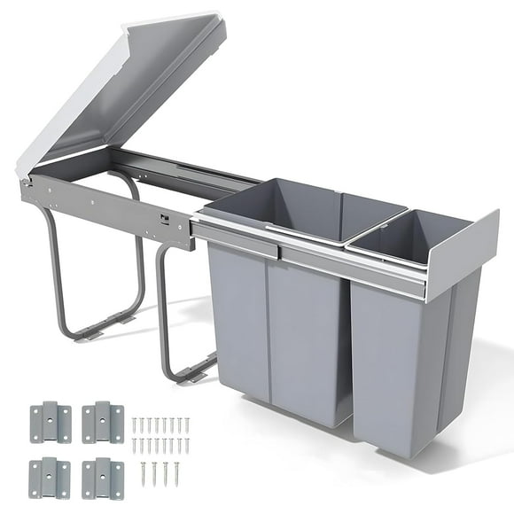 GOOFCXO 10L+20L Dual Pull Out Garbage Bin Kitchen, Slide Out Garbage Can with Lid and Soft-Close Rail, Recycling Bin Combo, Pull Out Trash Can Under Cabinet Sink Counter, 30 Liter/7.93 Gallon