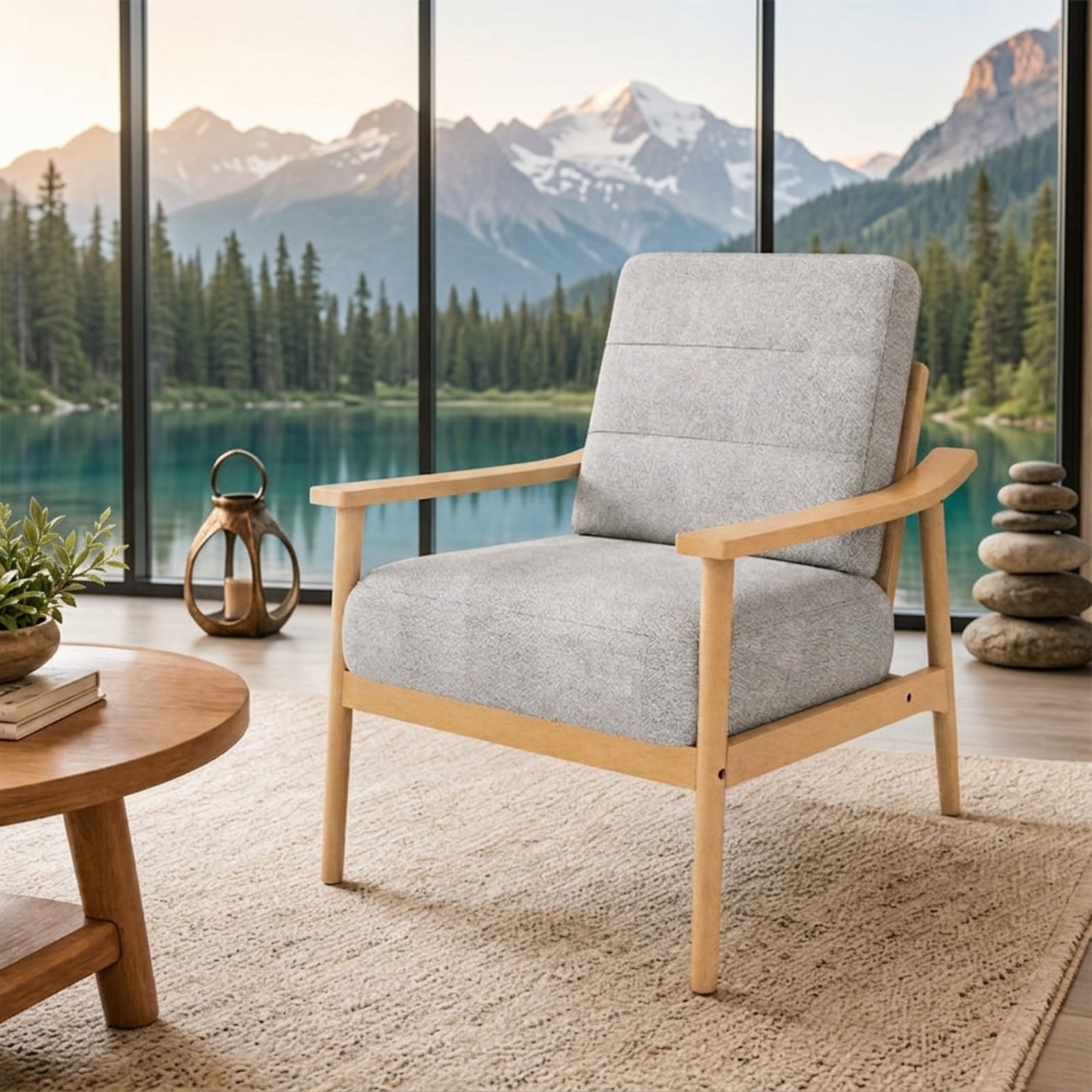 Furnibear Modern Accent Chair with Large Padded Seat Rubber Wood Armrests and Washable Back Cushion for Living Room and Reading Room, Natural
