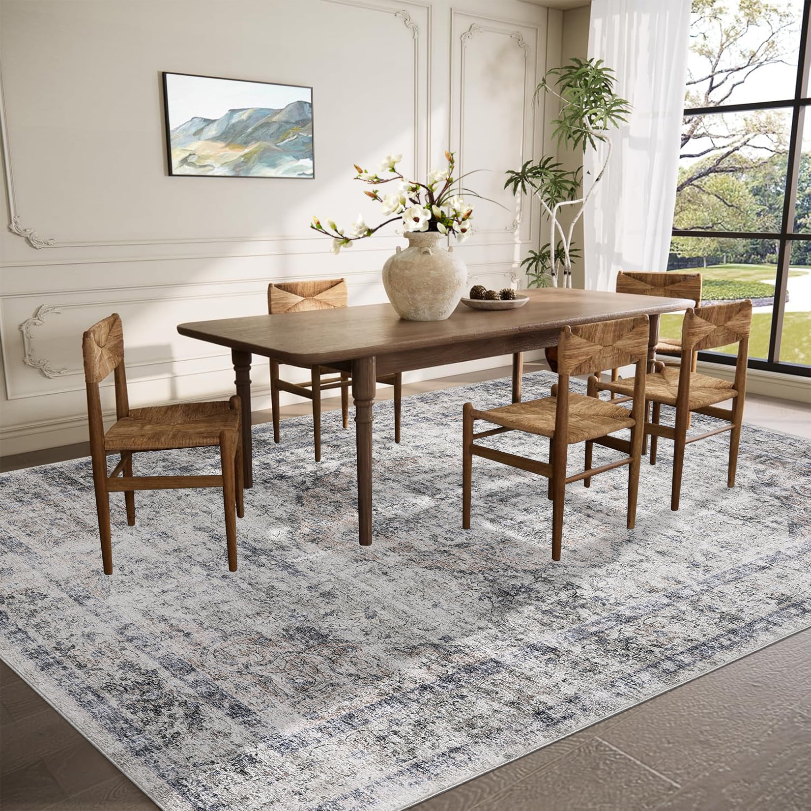 Hasoo 10' x 13' Area Rug for Living Room Boho Vintage Rug Non Slip Throw Rugs Floral Bedroom Rug, Beige/Gray