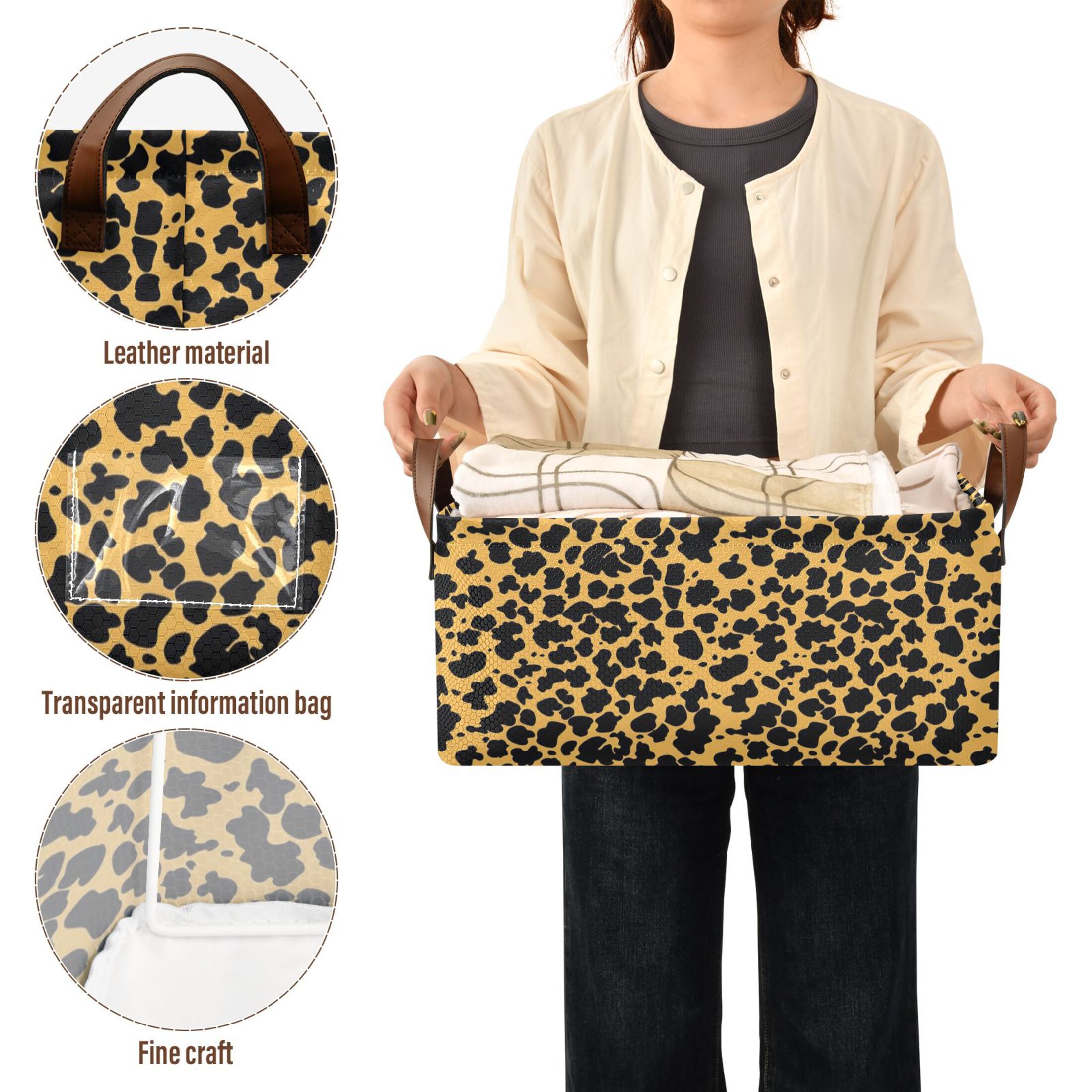 Black Leopard Print Collapsible Storage Bins Fabric Shelf Baskets with Handles 16.9"x11.4"x7.7" Closet Organizer