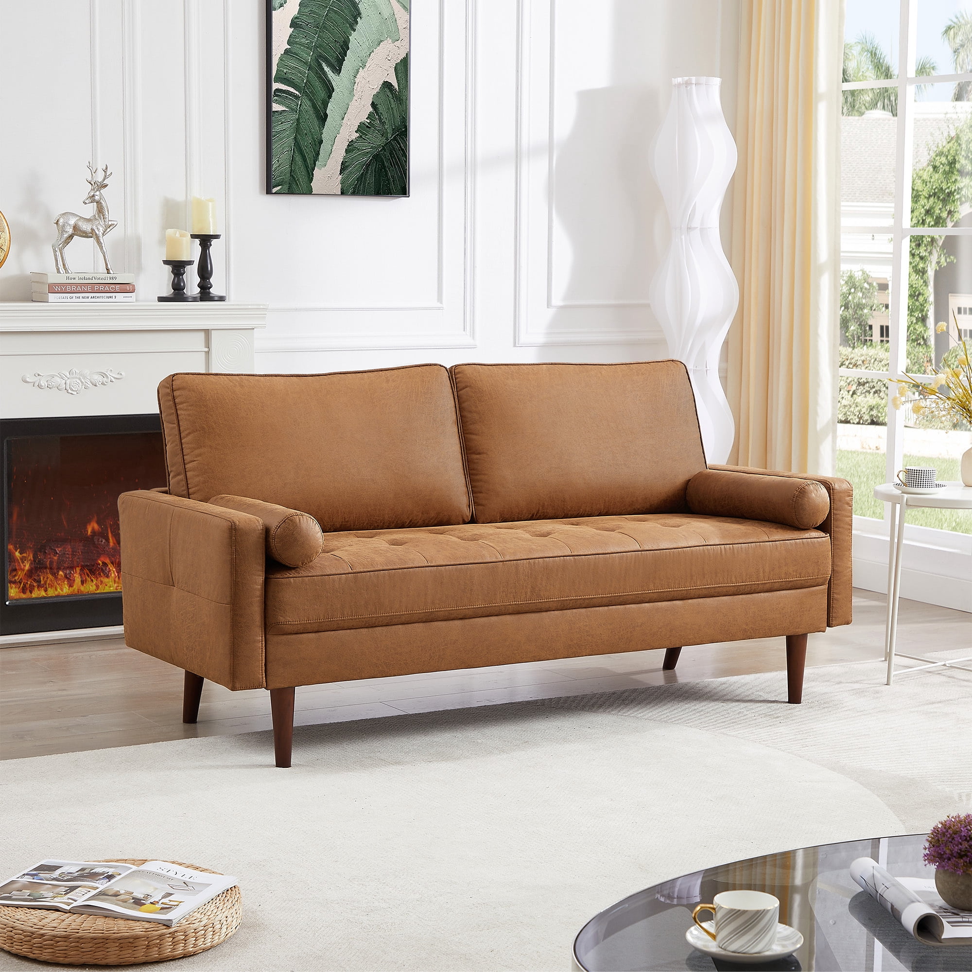 Homfa 2 Seat Leather Sofa with 2 Pillow, 57.5" Mid-Century Modern Loveseat Sofa Upholstered Tufted Couch Small Spaces Furniture for Living Room, Camel