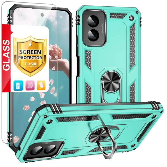 TJS pour Motorola Moto g Play 4G (2024) Étui de Téléphone, avec Protecteur d'Écran en Verre Trempé, Étui Hybride Résistante aux Impacts avec Anneau Métallique et Support Magnétique avec Béquille pour Moto g Play 4G (2024) (Turquoise)