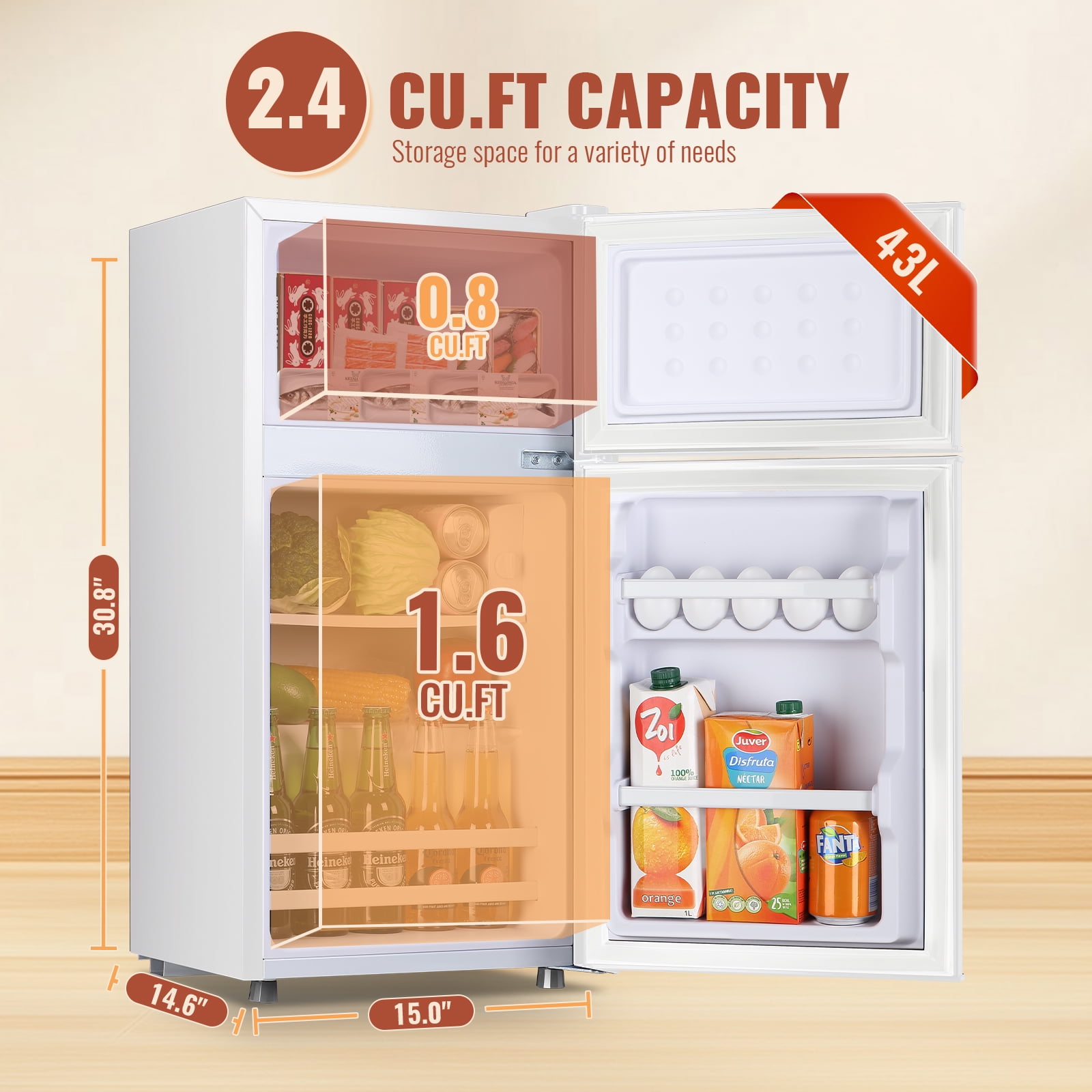 2.4 Cu.Ft Mini Fridge Small Refrigerator with Freezer 2 Removable Plastic Shelves Two Door White New