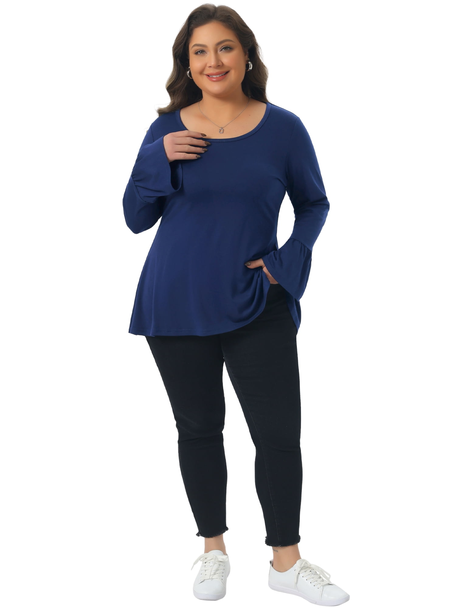 DARING DIVA Women's Plus Tops Crew Neck Bell High Low Hem Blouses 2X Dark Blue