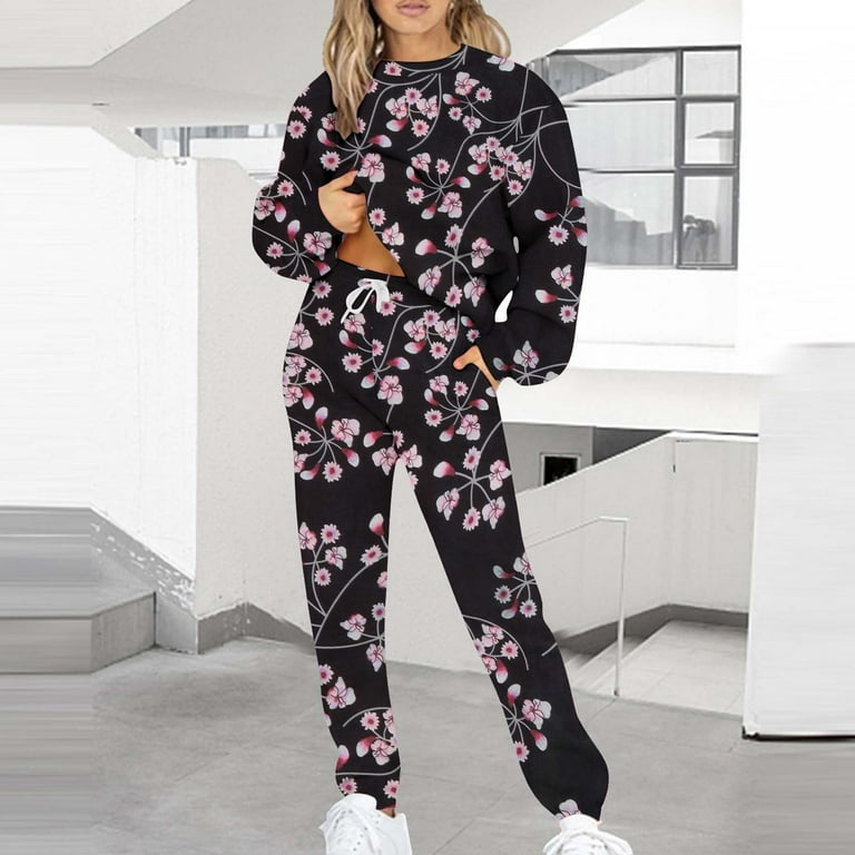 RQYYD Women's 2 Piece Floral Print Sweatsuit Outfits Long Sleeve Crewneck  Pullover Sweatshirt Drawstring Jogger Pants Lounge Sets Pink XXL