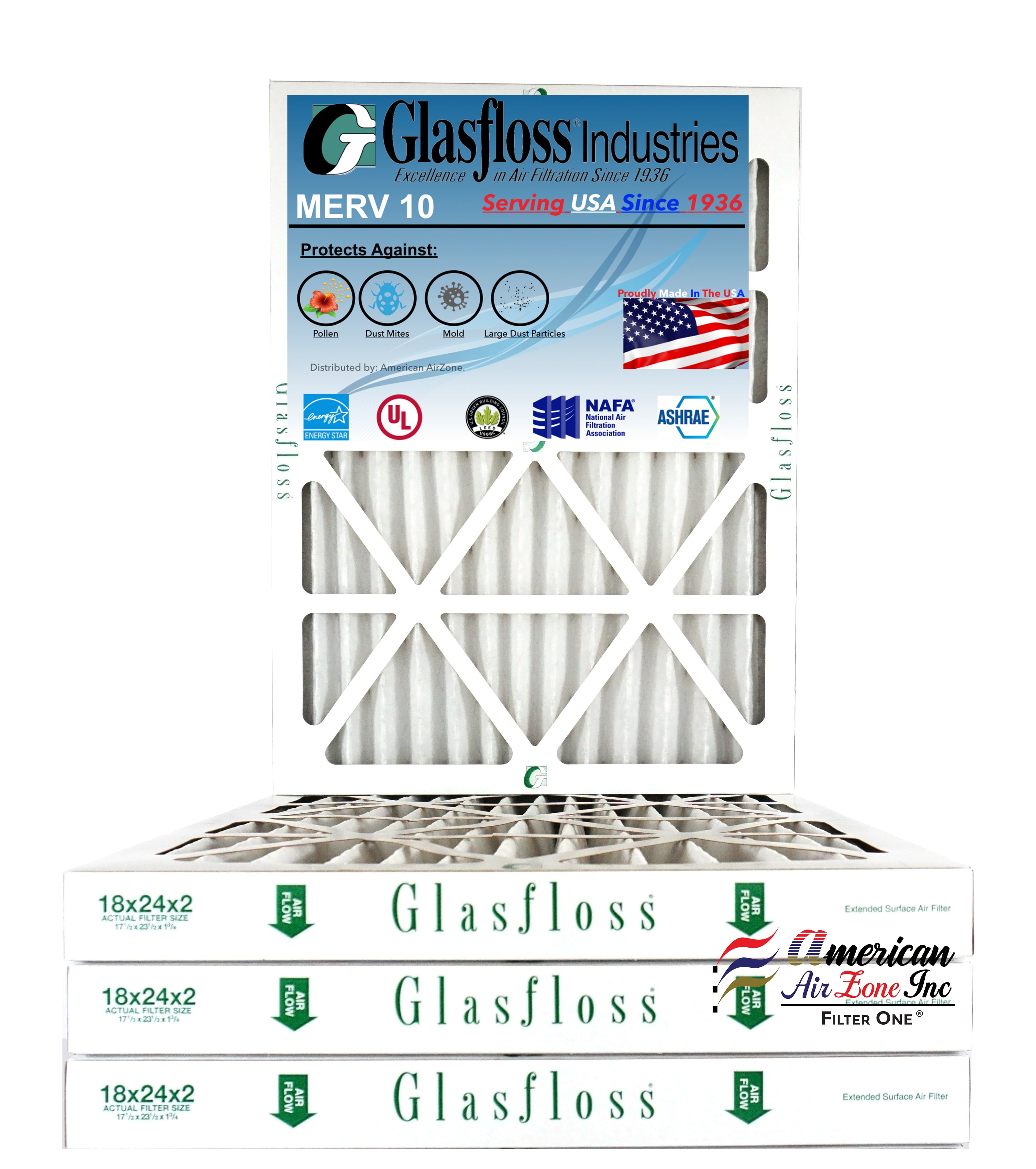 Glasfloss Air Filter 18x24x2 2" MERV 10 (Pack of 4) Pleated AC or