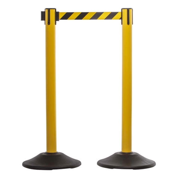 US Weight Heavy Duty Yellow Premium Steel Stanchion with 7.5-Foot Retractable Chevron Belt - 2 Pack