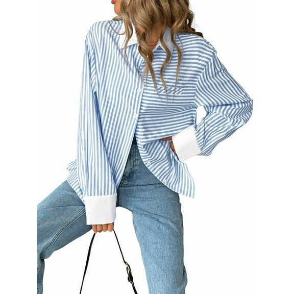 Womens Striped Button Down Shirt Casual Long Sleeve Blouse Top Blue XL
