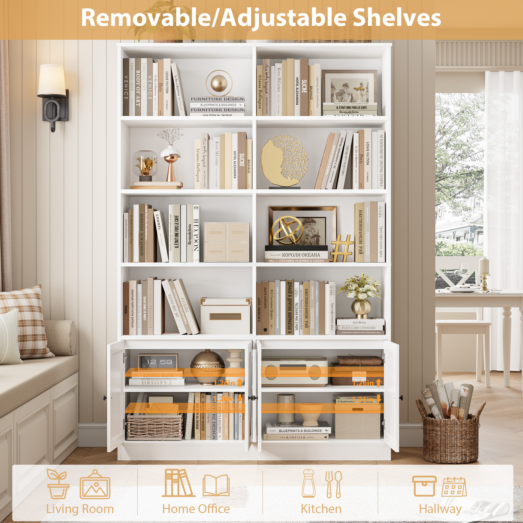 Hiphuta 71"H x 47.2"W Standard Bookcase, Tall Bookcase for Bedroom, Living Room and Office, Freestanding Display Storage Shelves, White