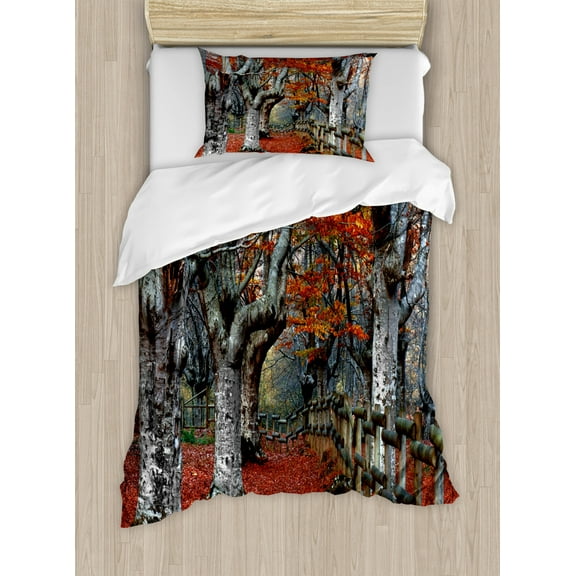 Seasons Duvet Cover Set Twin Size, Dreamy Gated Beech Trees Forest with Fall Leaf Mother Earth Natural Wonders Theme, Decorative 2 Piece Bedding Set with 1 Pillow Sham, Grey Red, by Ambesonne