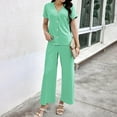 thumbnail image 3 of Scyoekwg Two Piece Outfits for Women Lounge Sets Solid Color Short Sleeve V-Neck Button Tops Wide Leg Pants Casual Tracksuit Sweatsuits Sets Loose Trendy Matching Sets (Green,L), 3 of 8