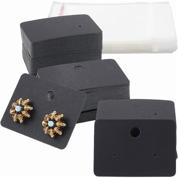 100Pcs Earring Cards Holder Earring Display Cards Set Kraft Paper Blank Hanging Earring Tags with Holes 100Pcs Self-Seal Bags Earring Cardboard Packaging for Jewelry Display Black 2x1.4Inch