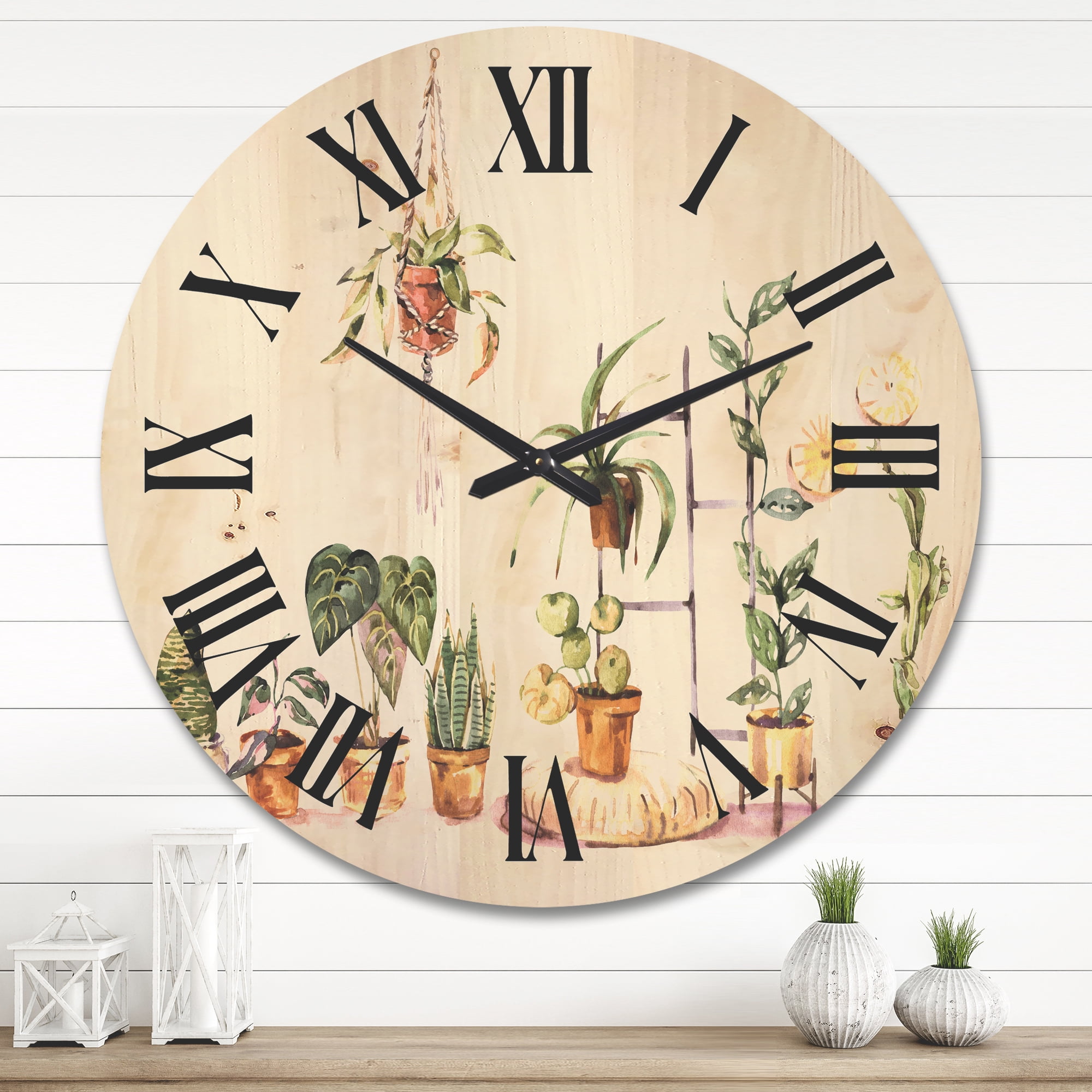 Designart 'Indoor House Plants Urban Jungle in Flowerpots II' Traditional Wood Wall Clock