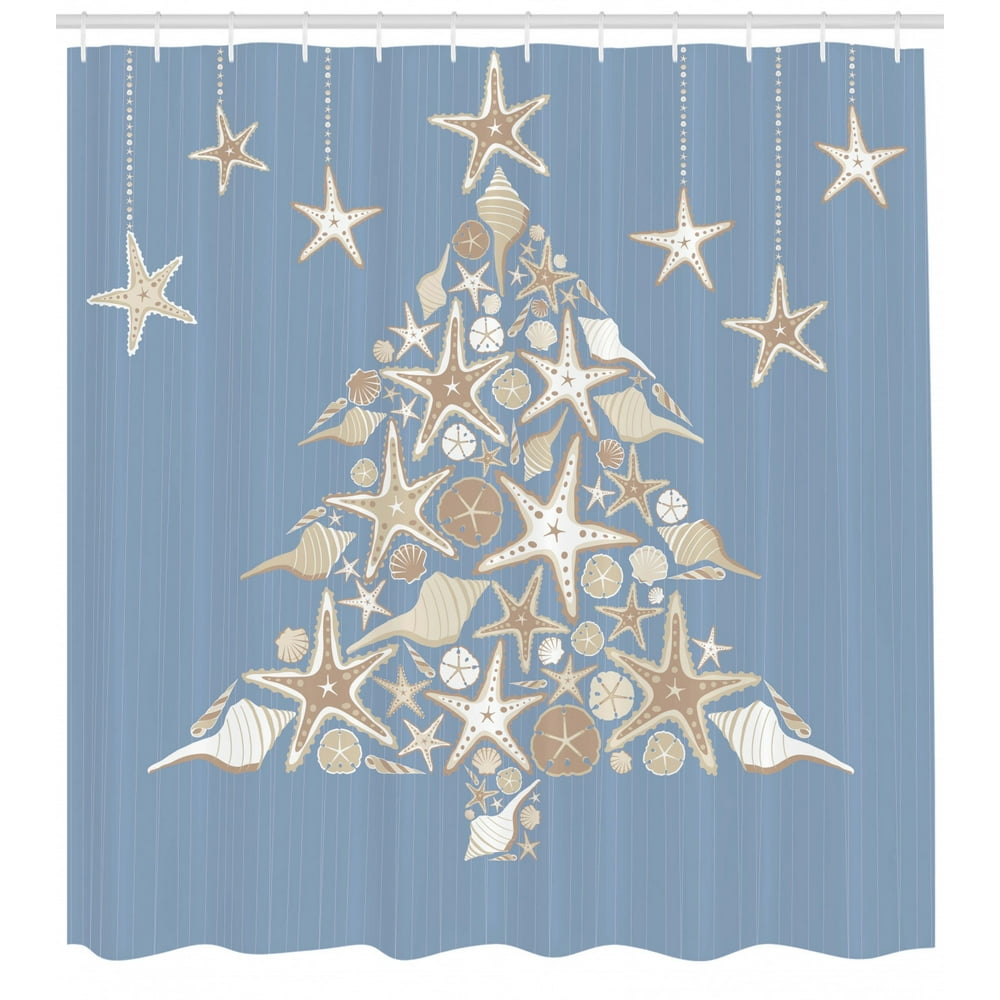 Christmas Shower Curtain, Nautical Elements Sea Life Theme with Noel Tree Winter Season, Fabric