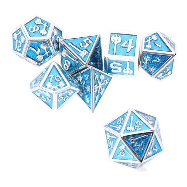 Juego de dados poliédricos de 7 piezas, dados de juego de mesa de mesa inodoro brillante de Metal con números claros para juegos de rol, color azul