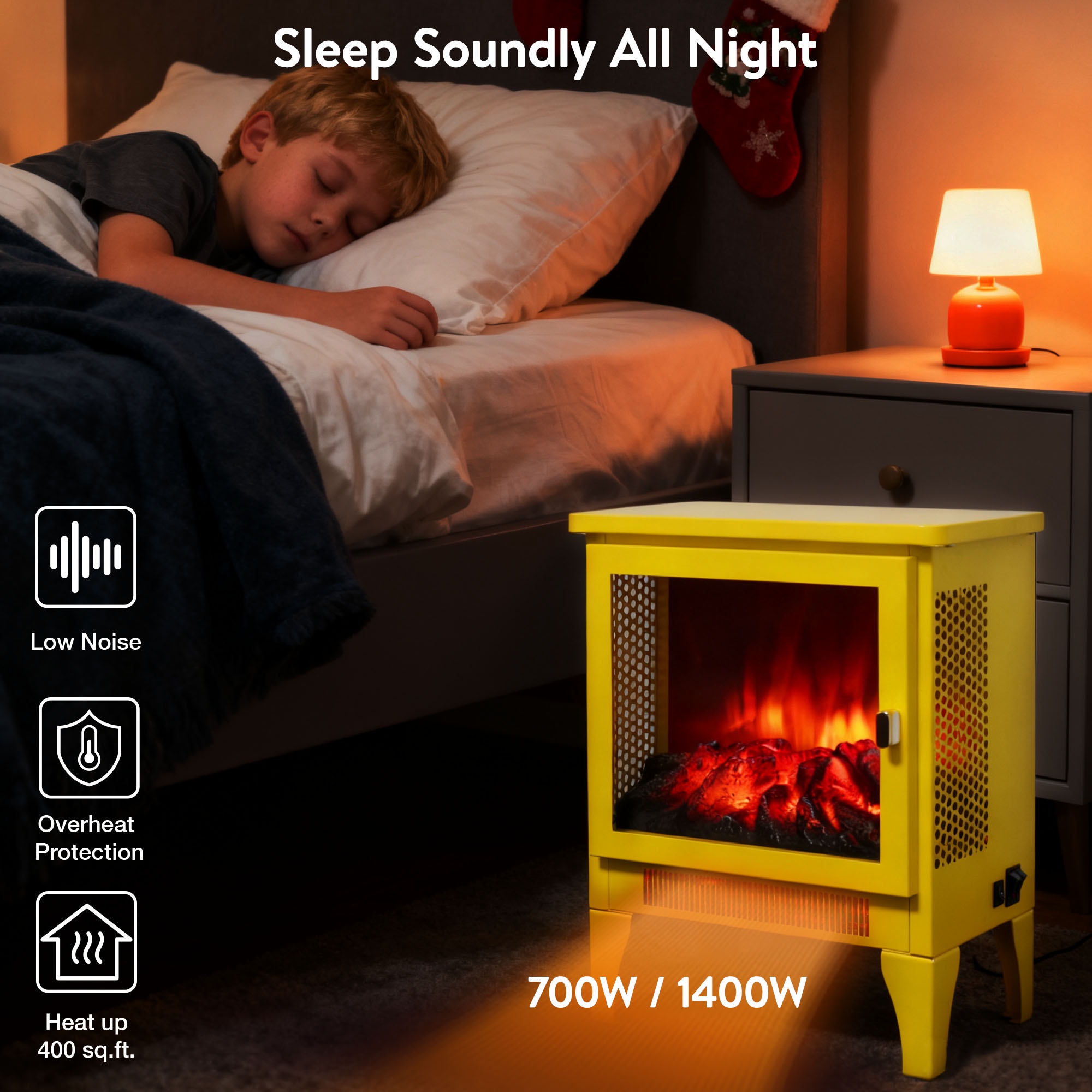 Electric Fireplace Heater, Legahome 16'' Freestanding Fireplace Heater Stove, 3D Realistic Flame Effects, Adjustable Brightness and Heating Mode, Overheat Protection, CSA Certified, Yellow
