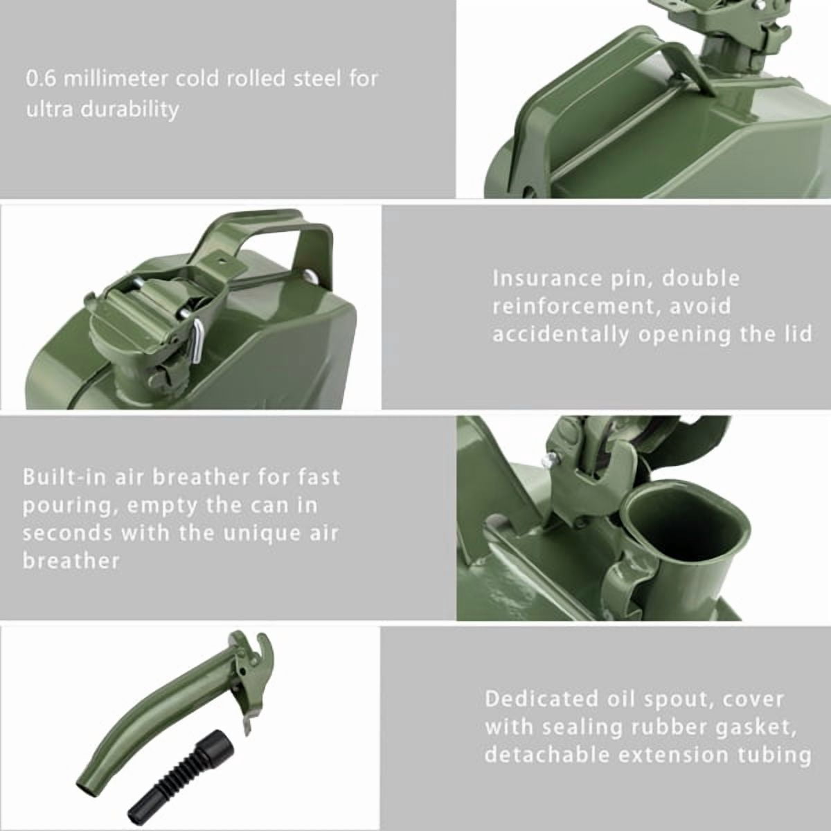 5L Army Green Military Fuel Can - American Style Oil Barrel w/ Inverted Pour Spout, 0.6mm Steel Gasoline & Diesel Storage Container, Portable