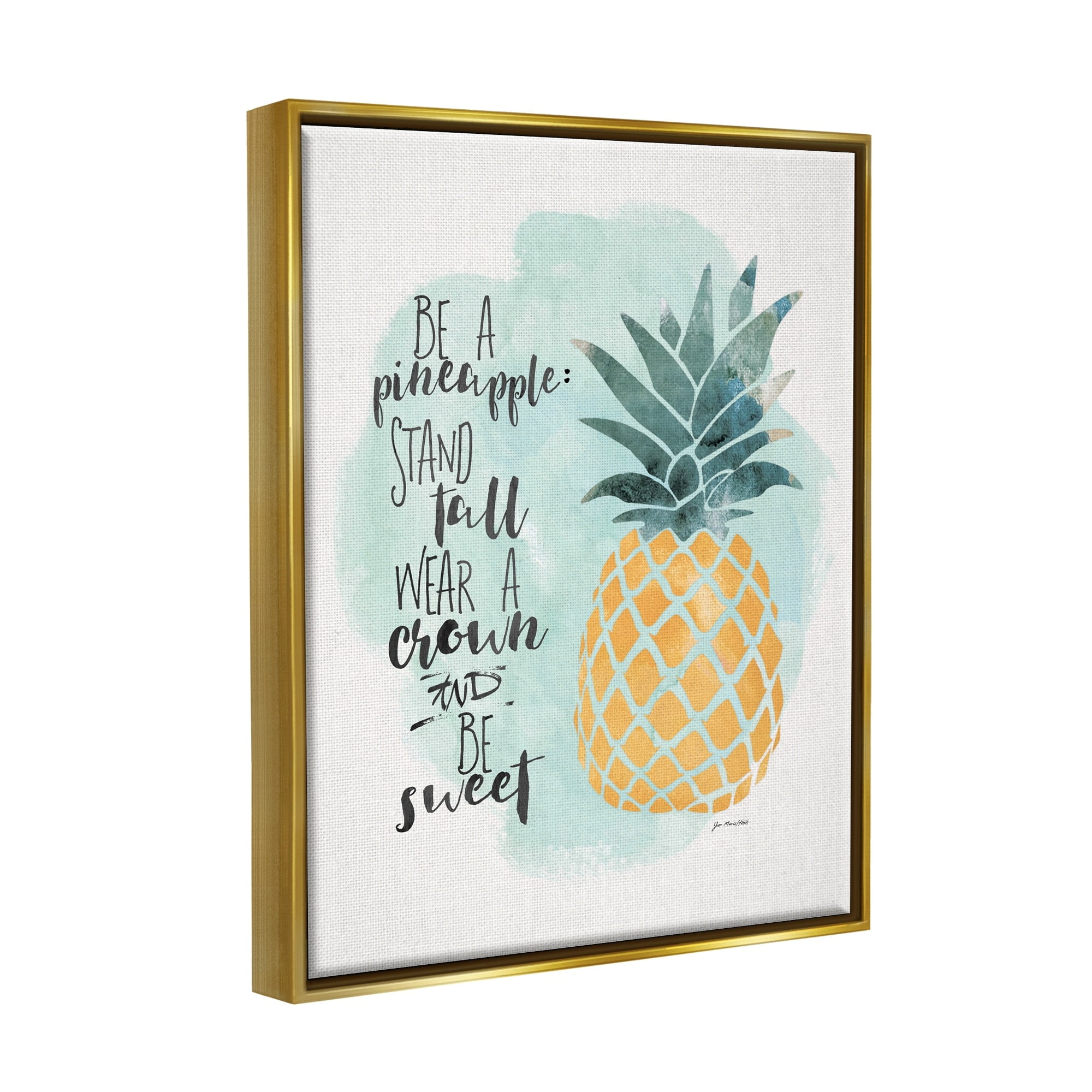 Stupell Industries Be a Pineapple Illustration Typography Metallic Gold Framed Floating Canvas Wall Art, 16x20, by Jo Moulton