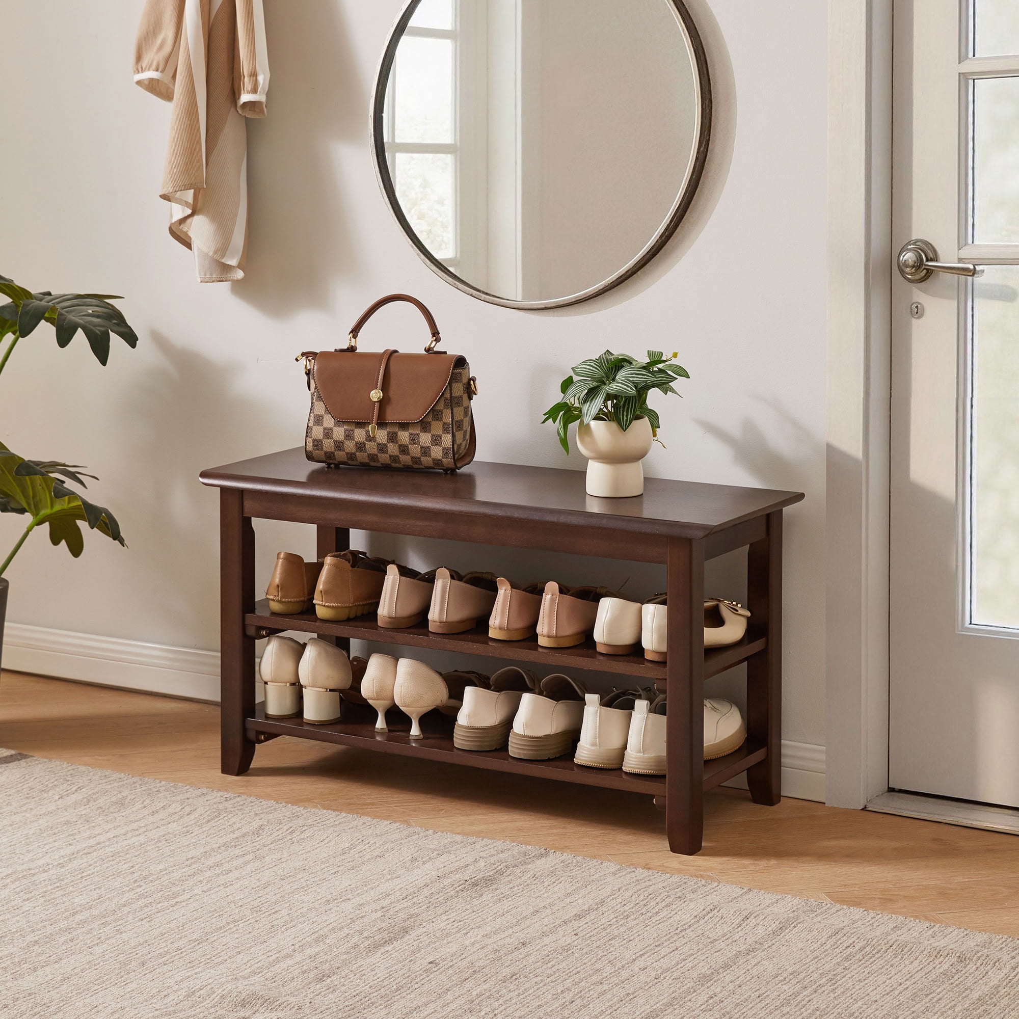 MAYEERTY 2-Tier Solid Wood Shoe Bench, Freestanding Entryway Shoe Rack Bench with Open Storage Shelves, for Hallway Mudroom Bedroom Small Spaces