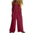 thumbnail image 3 of Feancey Cotton Linen Overalls for Women Loose Fit Sleeveless Button Jumpsuits Boho Casual Wide Leg Rompers Summer Beach Vacation Outfit with Pockets Red XXL, 3 of 8