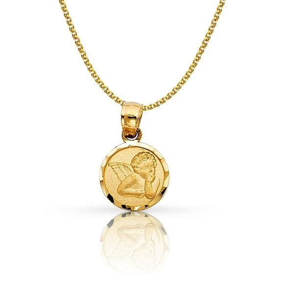 Ioka-14K Yellow Gold Angel Charm Pendant with 1.2mm Flat Open Wheat Chain Necklace - 20"