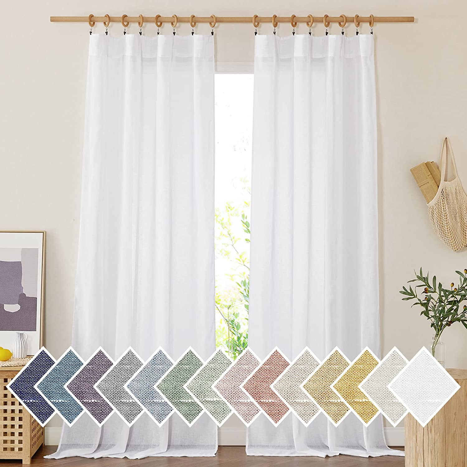 JL Sheer Linen Curtains for Living Room, Rod Pocket & Back Tab Semi Sheer Drapes Privacy Semitransparent Faux Flax Open Linen Panels for Study Room, W52 x L95, White, 1 Pair
