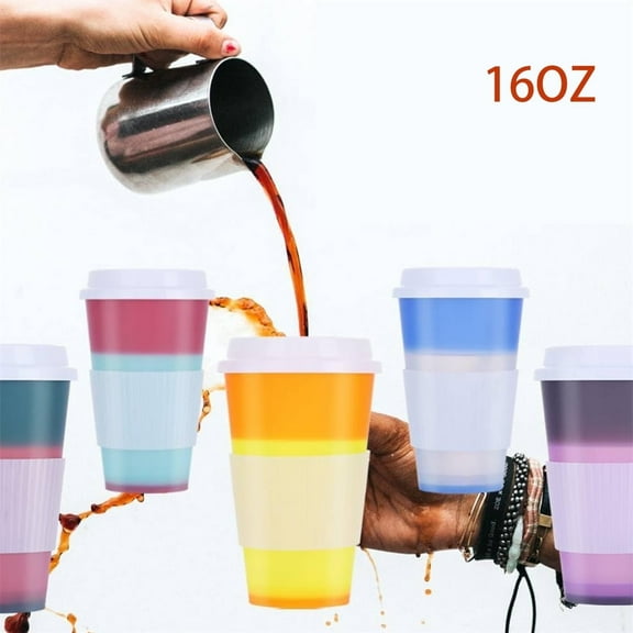 Triani Color Changing Tumbler Cups For Hot Drink - 5 Pcs 16oz Plastic Tumblers Coffee Cups with Lids - Reusable Travel Cup to Go Coffee Cup