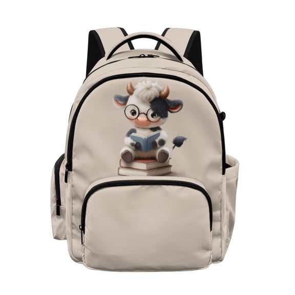 Xixirimido Cute Cow Beige Print Kids School Bag 17" Backpack for Boys & Girls Lightweight Large Capacity Bookbag for Elementary Middle High School Students