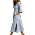 thumbnail image 6 of LEKWK Linen Dress Women 3/4 Sleeve V Neck Button Front Maxi Dress Loose Flowy Side Slit Pleated Sundress with Pockets Summer Beach Vacation Boho Outfit, 6 of 6