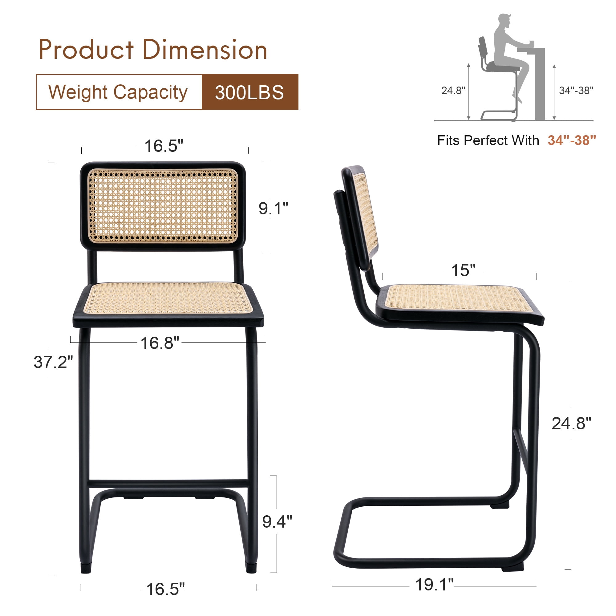Zesthouse Rattan Counter Height Bar Stools Set of 2, 24.8" Counter Height Chairs with Cane Back, Mid Century Modern Barstools for Kitchen Island, Black