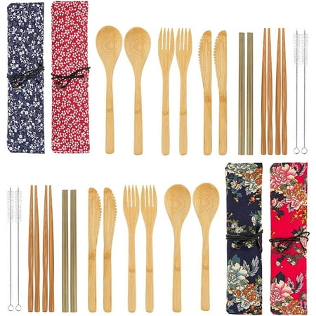 

4 Pack Bamboo Cutlery Set Flatware Set Reusable Portable Utensils Travel Cutlery Set Bags Forks Knives Chopsticks Spoons Straws and Brushes for Camping and BBQ (A)