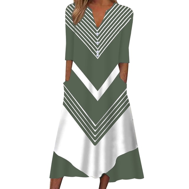 Gibobby Vestidos Casuales para Mujer Womens Casal Plus Size Summer Boho Chiffon Print Midi Skater Dress With Ruffle Sleeve NEM297(Verde,XL)