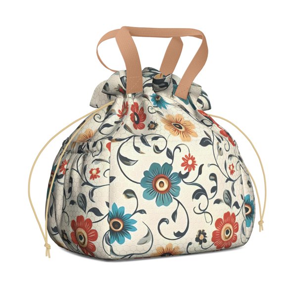 Pioneer Flower Floral Print Pattern Drawstring Lunch Bag Women - Drawstring Lunch Bag Insulated for Work Office - Stain-Resistant Large Lunchbags for Women with Multi-Pockets