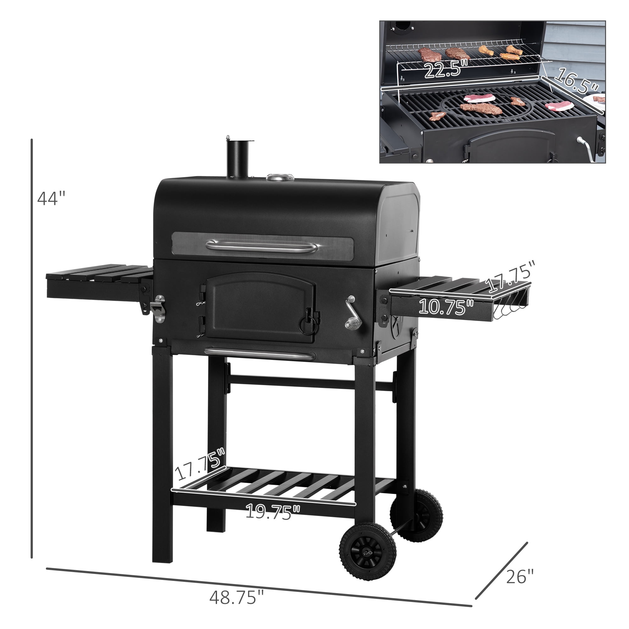 Outsunny 26" Charcoal Grill with Side Table, Bottom Shelf and Adjustable Height