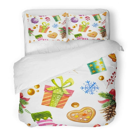 RYLABLUE 3 Piece Bedding Set Green Vintage Christmas Watercolor Red Berry Boll Branch Candy Twin Size Duvet Cover with 2 Pillowcase for Home Bedding Room Decoration