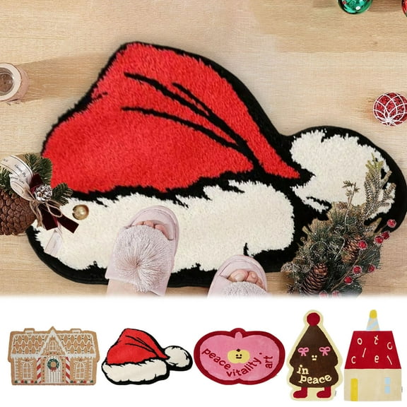 Fwttom Christmas Rugs for Living Room, Cute Christmas Bathroom Rugs with Xmas Pattern, Holiday Irregularly Shaped Christmas Doormat for Bath, Kitchen & Bedroom