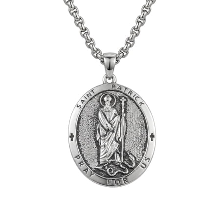 MYSTICPOEM Saint Patrick Necklace St Patrick Medal Pendant, Irish Protection Amulet Medallion, Religious Christian Catholic Gift for Father or Son 24 in Chain (19-St Partrick (Oval))
