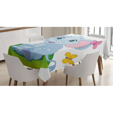

Nursery Tablecloth Cute Baby Elephant Sitting on the Meadow in Spring Time with Butterflies Rectangular Table Cover for Dining Room Kitchen 52 X 70 Inches Baby Blue Pink Green by Ambesonne