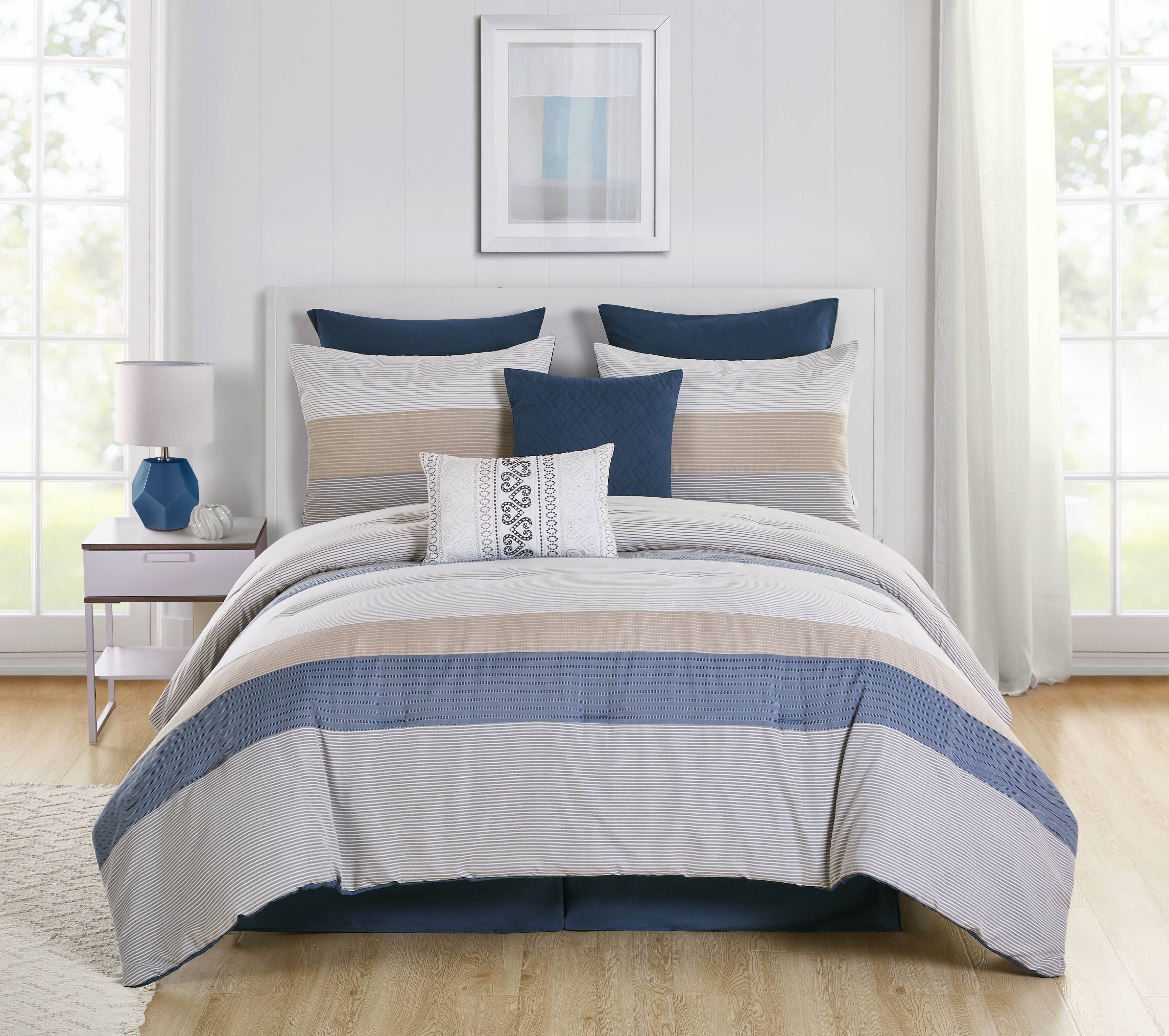 Vcny Home Drover Stripe Blue And Beige Comforter Set Queen Multi