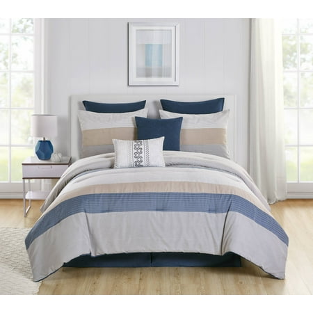 Vcny Home Drover Stripe Blue And Beige Comforter Set Queen Multi